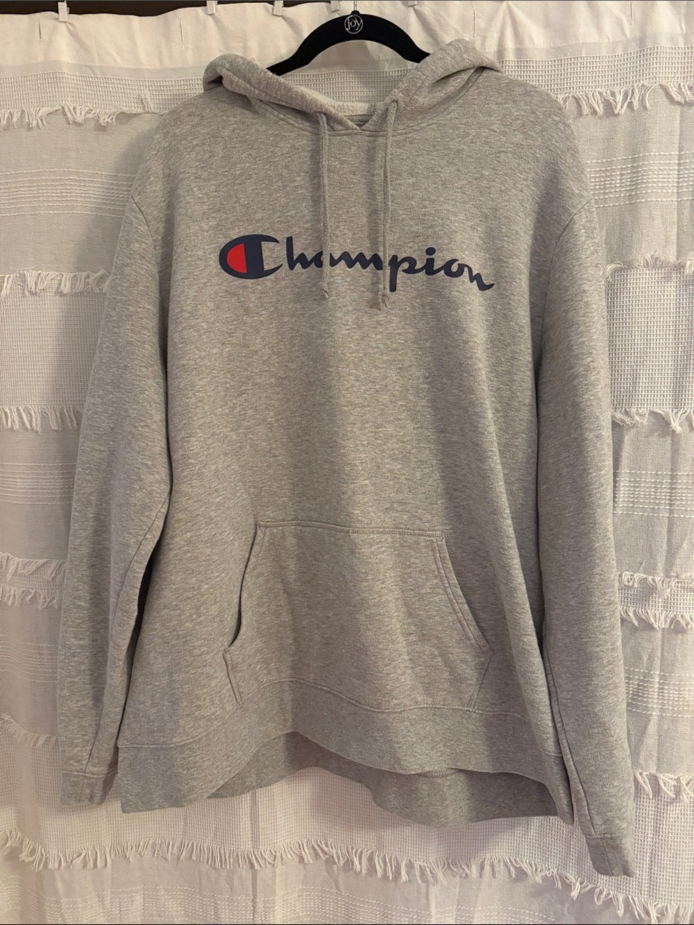 Champion Light Gray Logo Hoodie with Navy & Red Accent